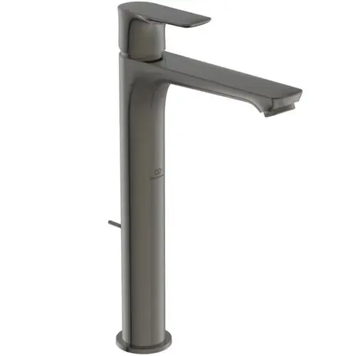 Hochstehender Wasserhahnhof von Ideal Standard in Magnetgrau mit Hebelgriff und seitlichem Ablass, geeignet für moderne Waschtische.